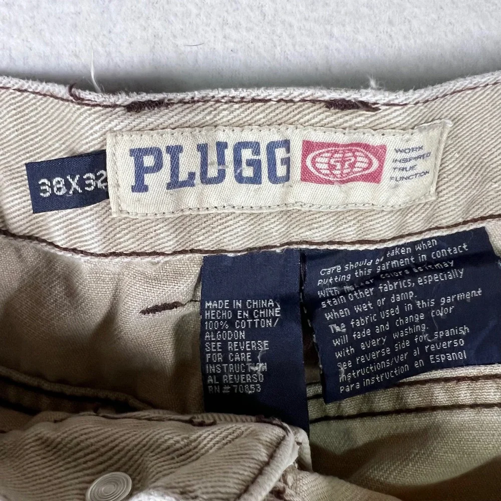 Plugg Mens Baggy Carpenter Pants Khaki Tan Utility‎ Skater 36x30 VTG Style Y2K